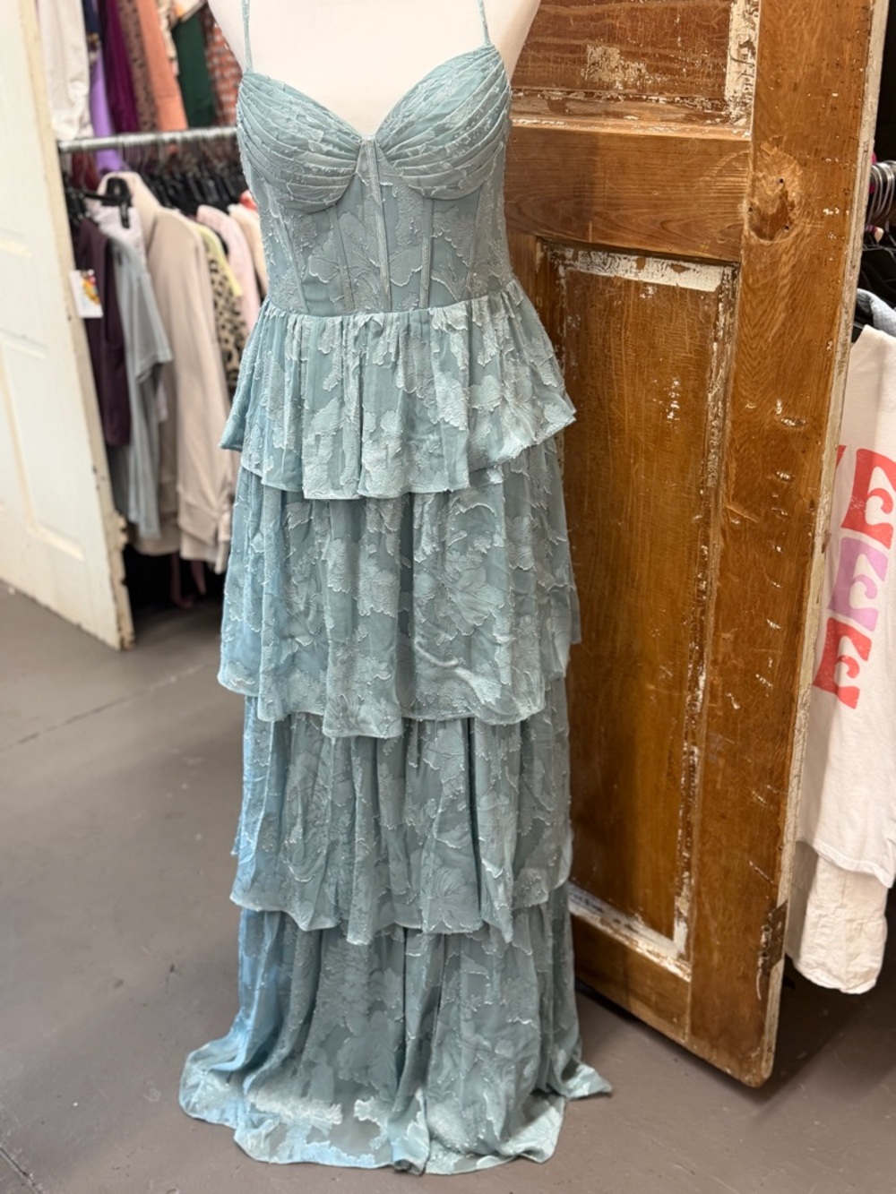 Azazie Dusty Blue Tiered Lace Maxi Dress
